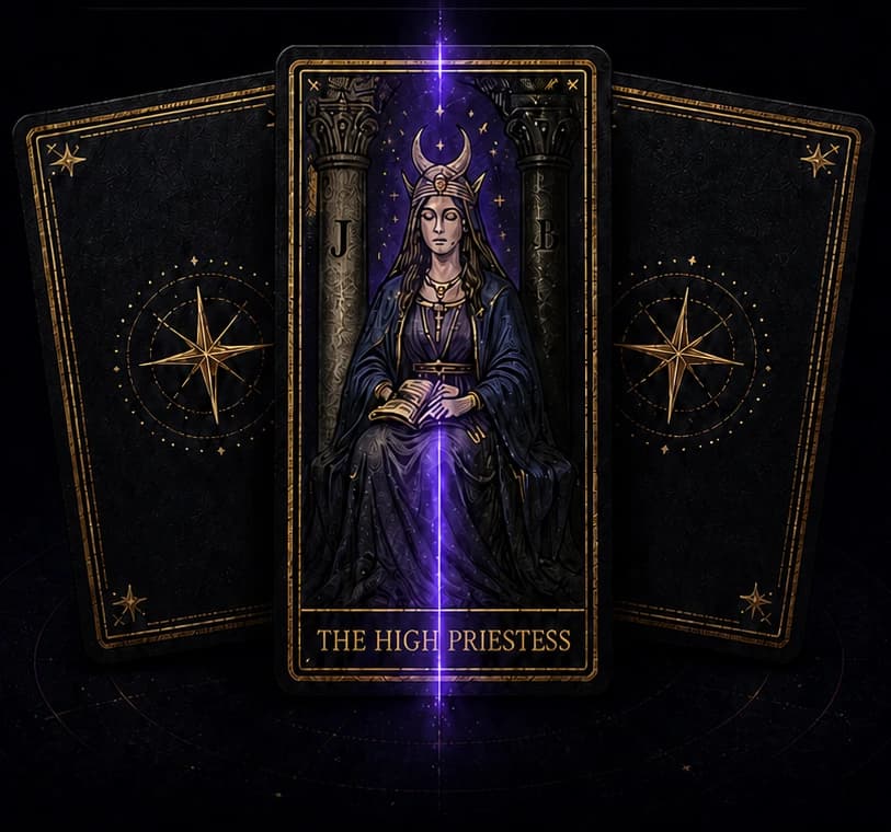 The High Priestess tarot card in an obsidian reading altar